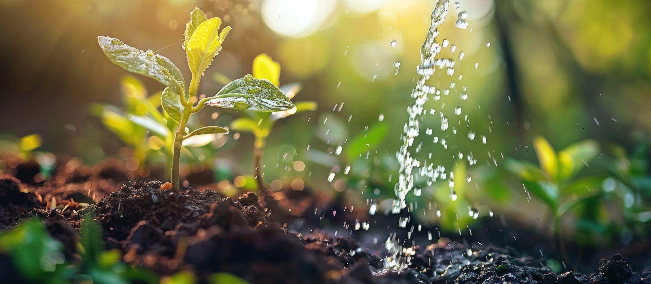 Watering young plant seedlings, representing groundwater recharge