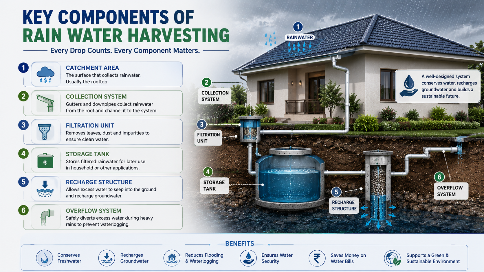 Diagram of the six key components of a rainwater harvesting system: catchment area, collection system, filtration unit, storage tank, recharge system, and overflow system