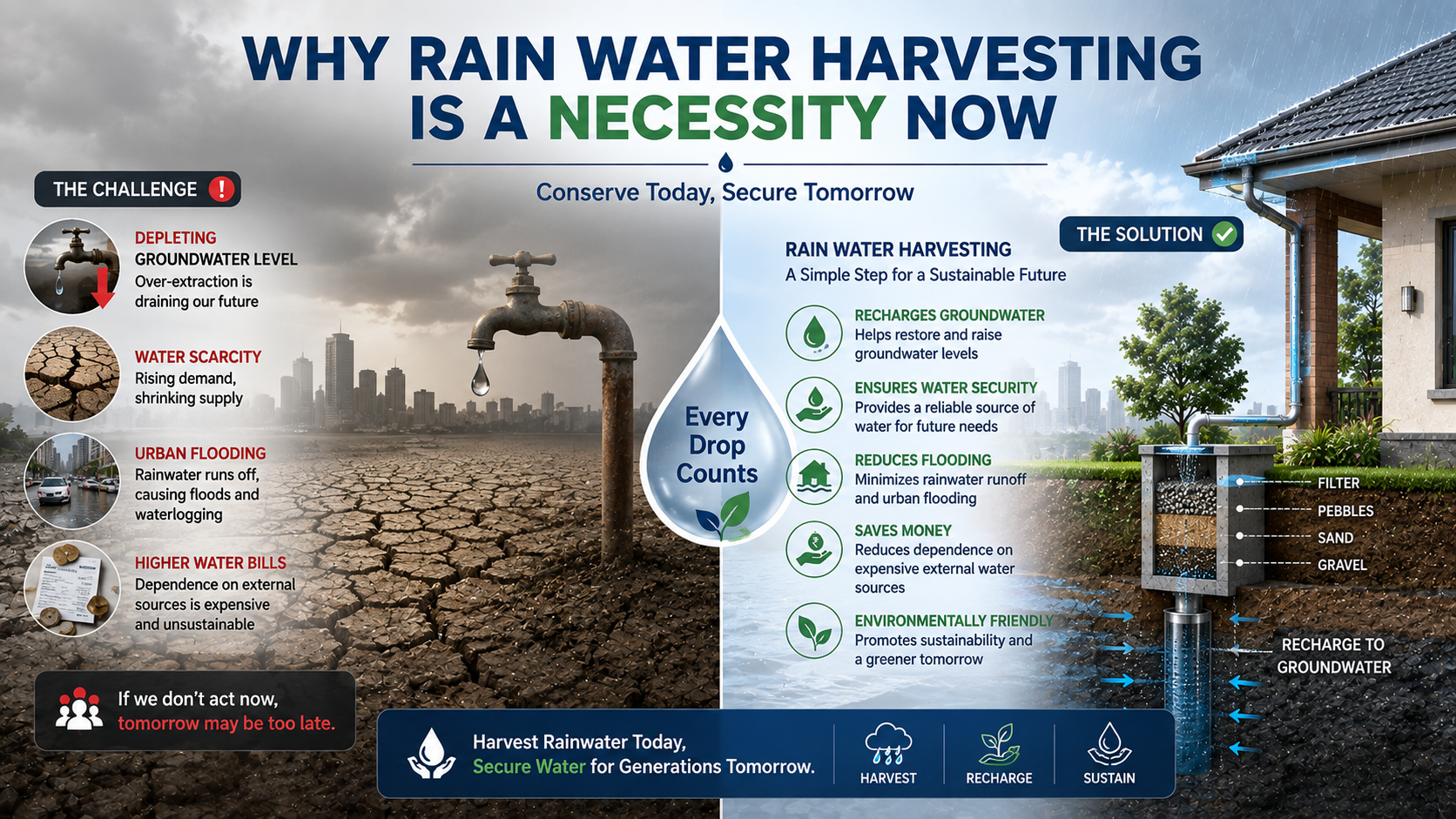 Infographic contrasting groundwater depletion and urban flooding with rainwater harvesting as the solution