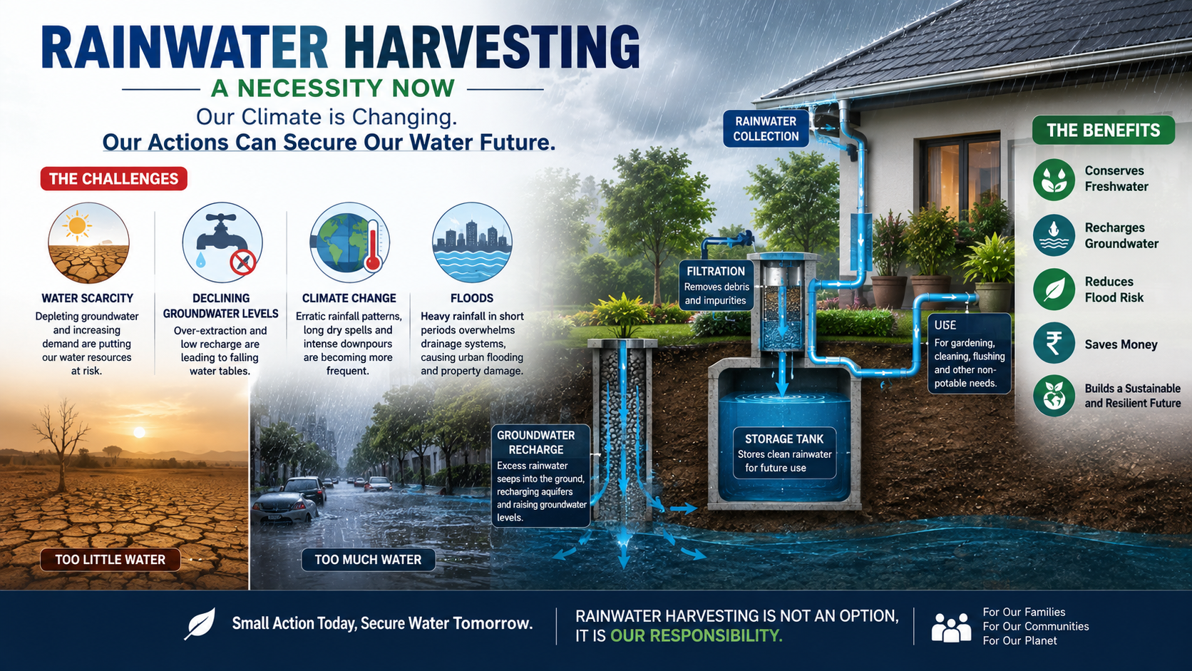 Infographic on rainwater harvesting benefits and climate-driven water challenges in India