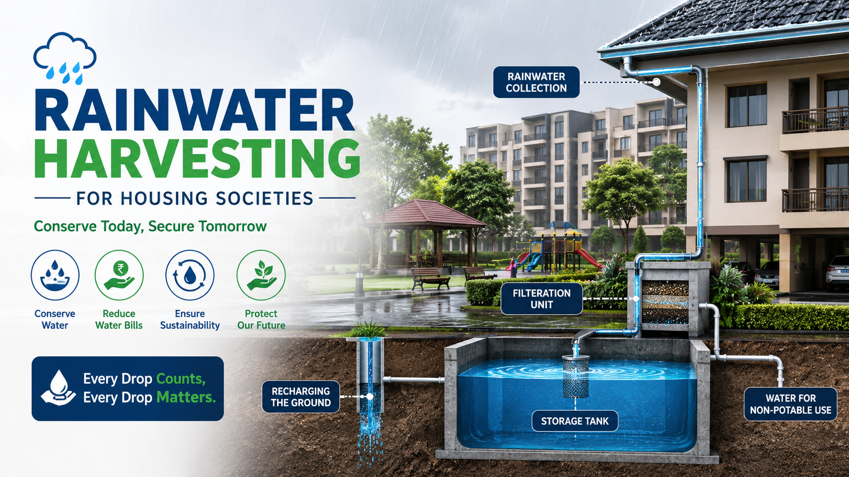 Rainwater harvesting system for a housing society layout in Nagpur