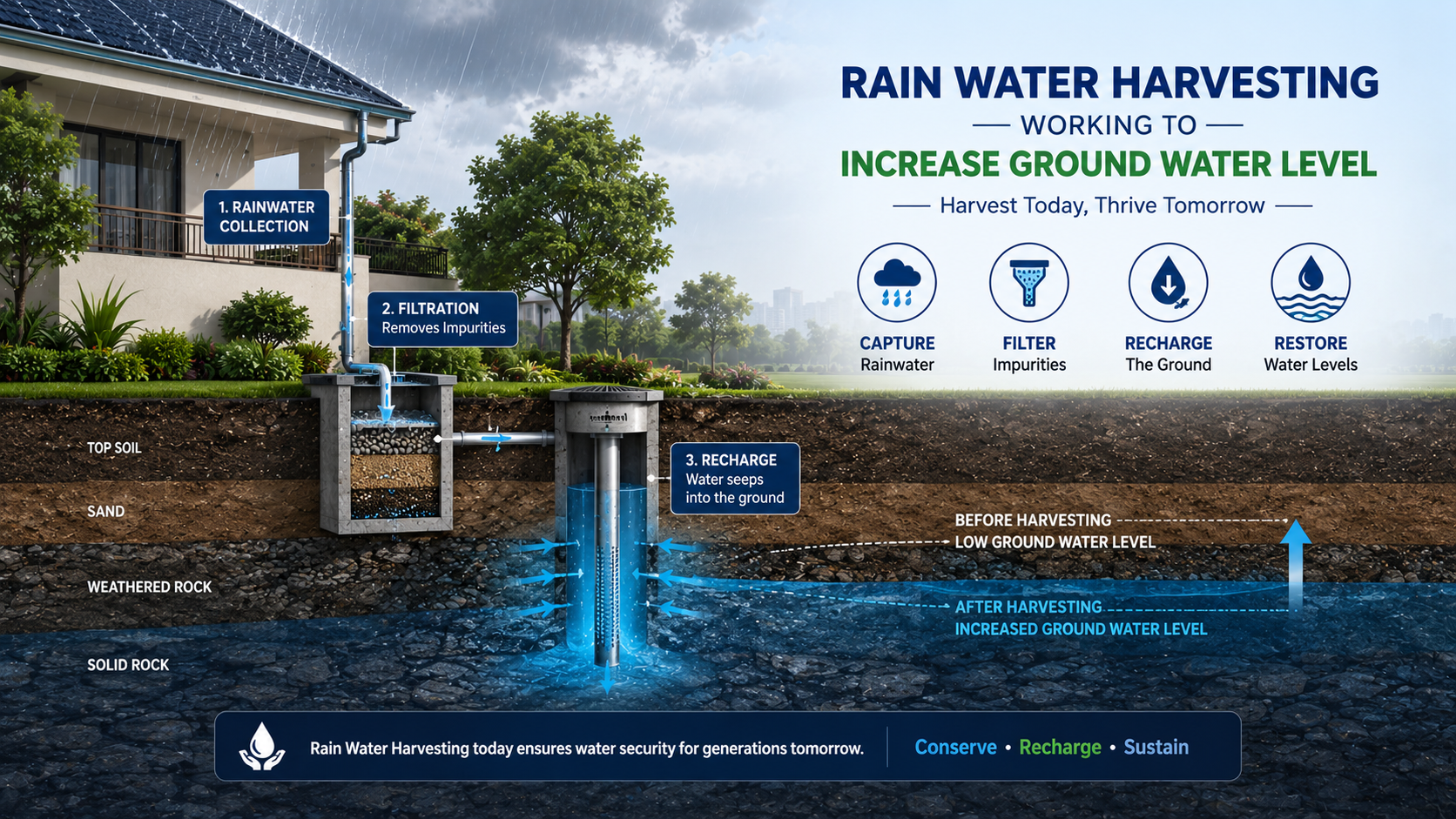 Diagram of rooftop rainwater harvesting recharging groundwater through collection, filtration, and underground storage