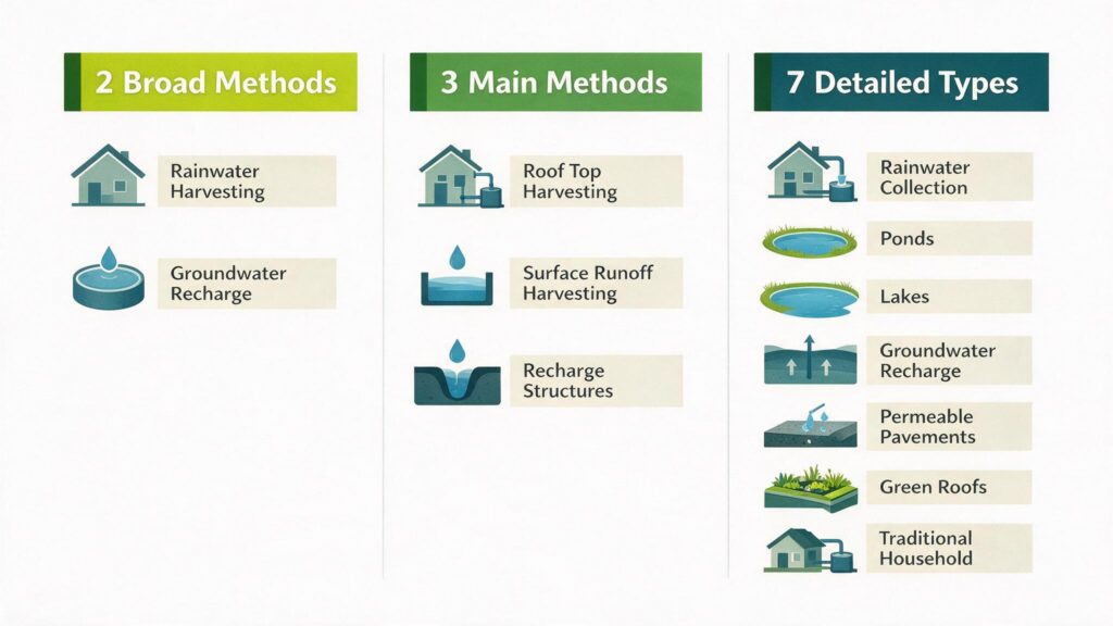 Comparison chart showing the 2-method, 3-method and 7-type classifications of rainwater harvesting