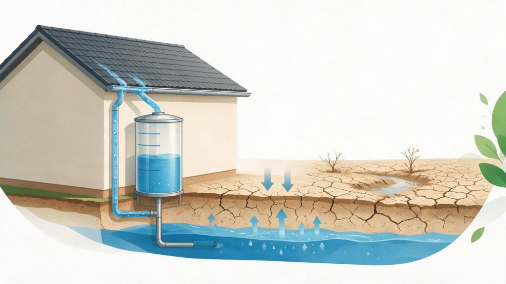 Illustration showing the importance of rainwater harvesting for groundwater recharge and water security