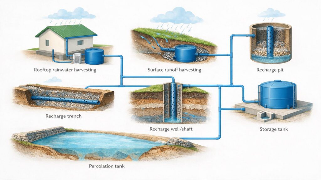 Diagram illustrating the seven types of rainwater harvesting systems: rooftop harvesting, surface runoff harvesting, recharge pit, recharge trench, recharge well, storage tank and percolation tank