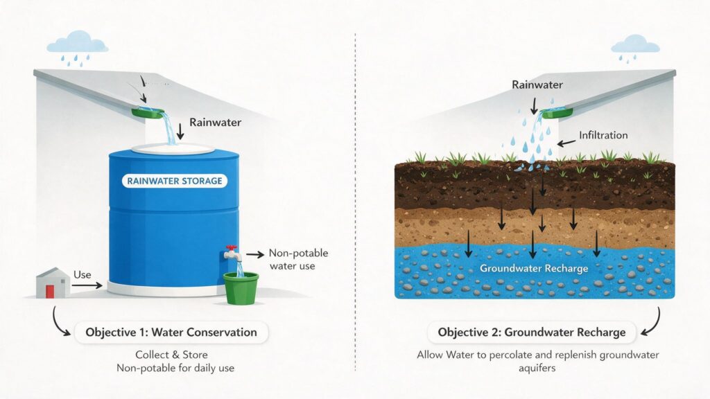Diagram showing the two objectives of rainwater harvesting: water conservation for daily use and groundwater recharge