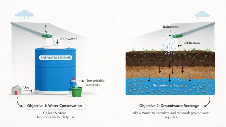 Diagram showing the two objectives of rainwater harvesting: water conservation for daily use and groundwater recharge