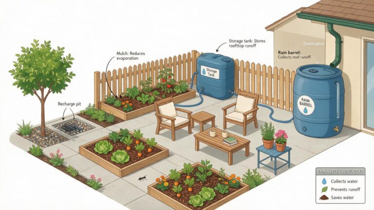 Illustration of a home and garden with rainwater-saving setups including a rain barrel, terrace tank and recharge pit
