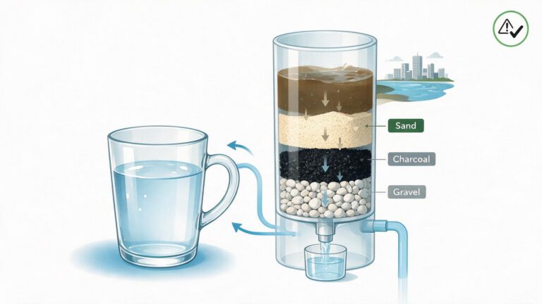 Illustration of a glass of water beside a layered rainwater filter showing sand, charcoal and gravel