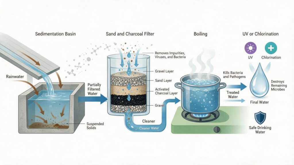 Step-by-step diagram of rainwater purification stages: sedimentation, filtration, boiling and disinfection