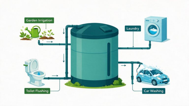 Illustration of a rainwater storage tank supplying garden irrigation, laundry, toilet flushing and car washing