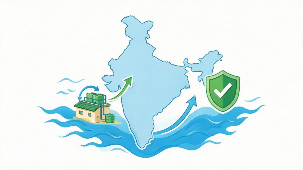 Illustration of an India map with a compliance checkmark representing legal rainwater harvesting rules