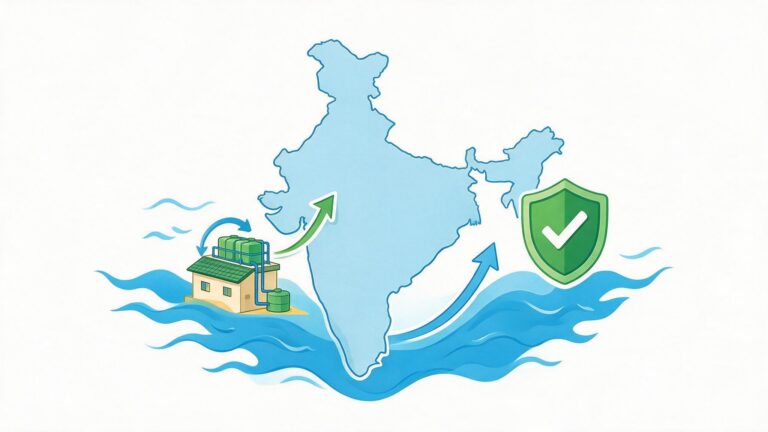 Illustration of an India map with a compliance checkmark representing legal rainwater harvesting rules