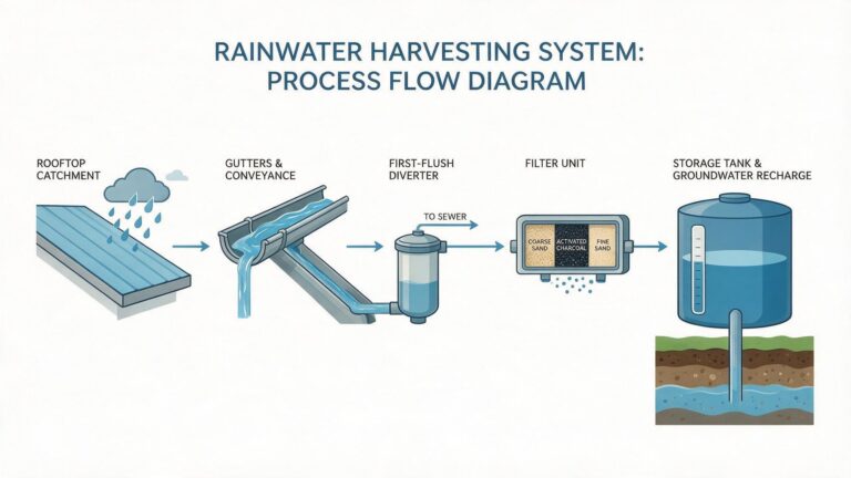 Step-by-step diagram of the rainwater harvesting process from rooftop catchment to storage and groundwater recharge