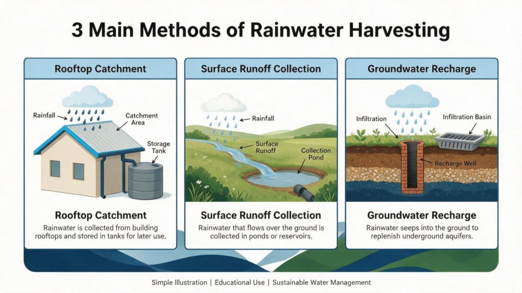 Illustration of the three main methods of rainwater harvesting: rooftop catchment, surface runoff collection and groundwater recharge
