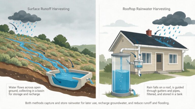 Comparison illustration of surface runoff rainwater harvesting versus rooftop rainwater harvesting