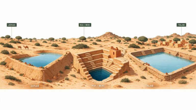 Illustration of traditional Indian rainwater harvesting structures: a johad check dam, a stepped kui well and a village talab pond