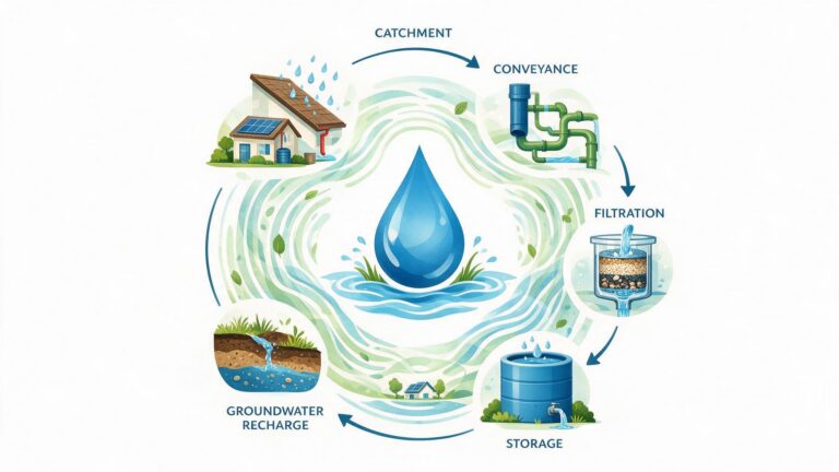 Circular diagram showing the key principles of rainwater harvesting: catchment, conveyance, filtration, storage and groundwater recharge