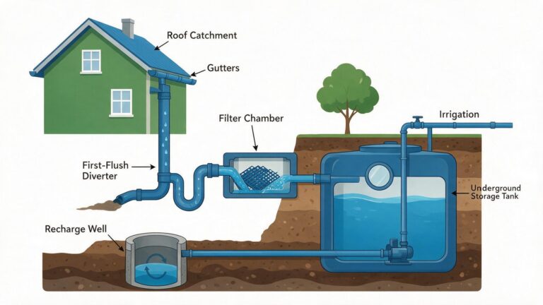 Cutaway diagram of a rainwater harvesting system structure showing roof catchment, gutters, first-flush diverter, filter and storage tank