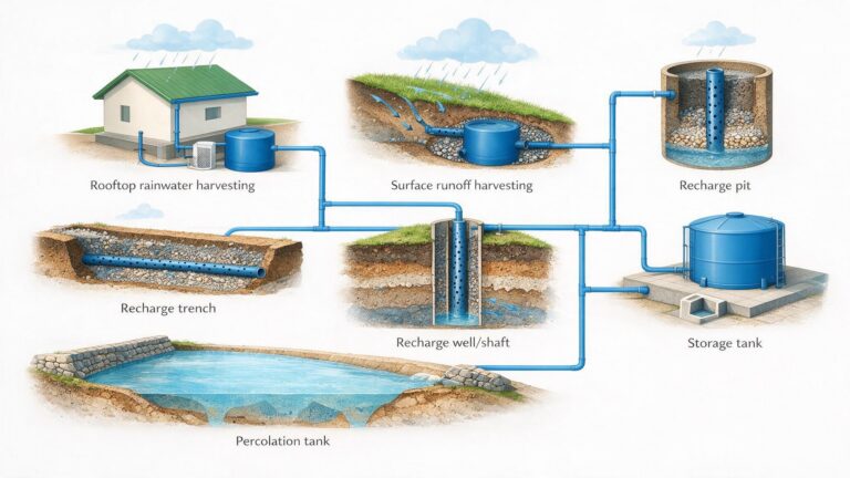 Diagram illustrating the seven types of rainwater harvesting systems: rooftop harvesting, surface runoff harvesting, recharge pit, recharge trench, recharge well, storage tank and percolation tank