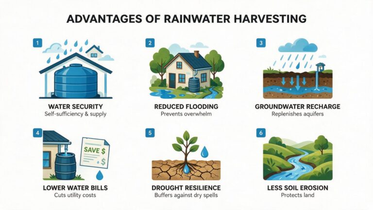 Grid of icons showing the advantages of rainwater harvesting: water security, reduced flooding, groundwater recharge and lower water bills