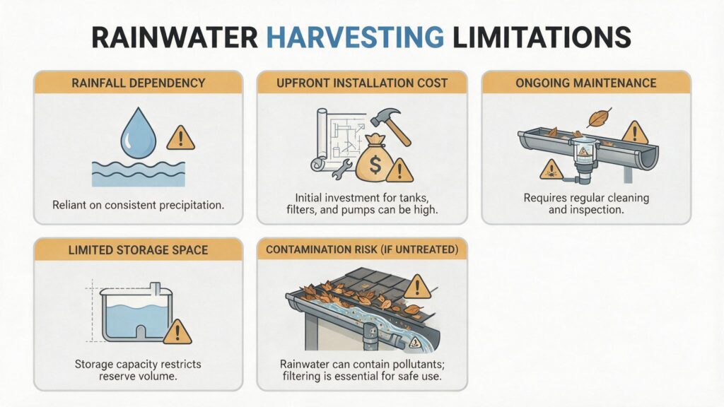 Grid of icons showing the disadvantages of rainwater harvesting: rainfall dependency, installation cost, maintenance and contamination risk